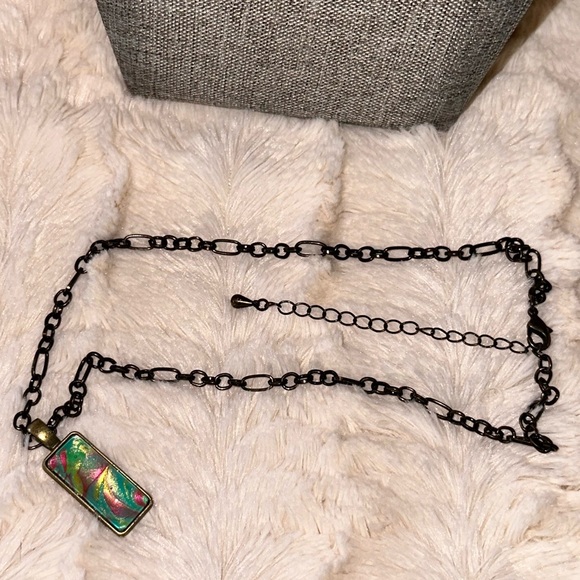 Hand painted Abstract Acrylic fluid pour art bezel pendant necklace pink blue - Picture 8 of 8